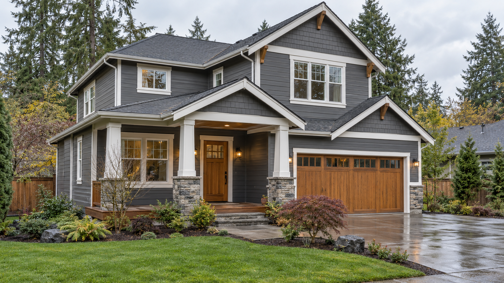 Renovated Pacific Northwest Craftsman home with charcoal lap siding, white trim and a natural wood garage door