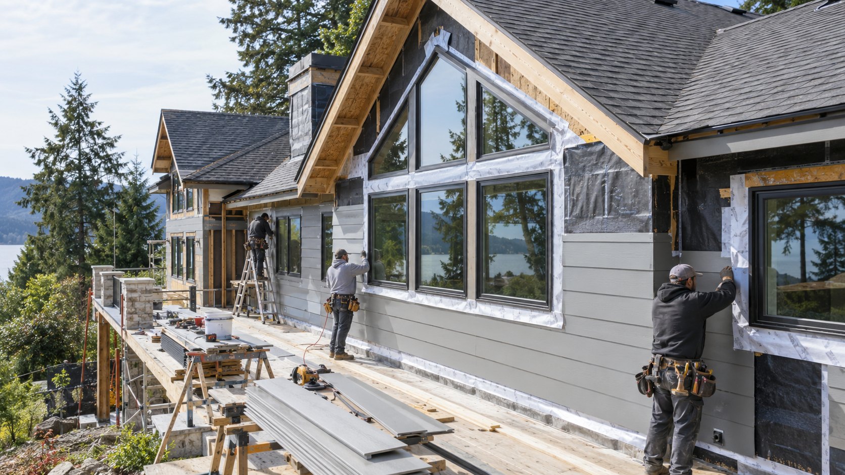 Contractors installing siding and window flashing on a large Pacific Northwest home